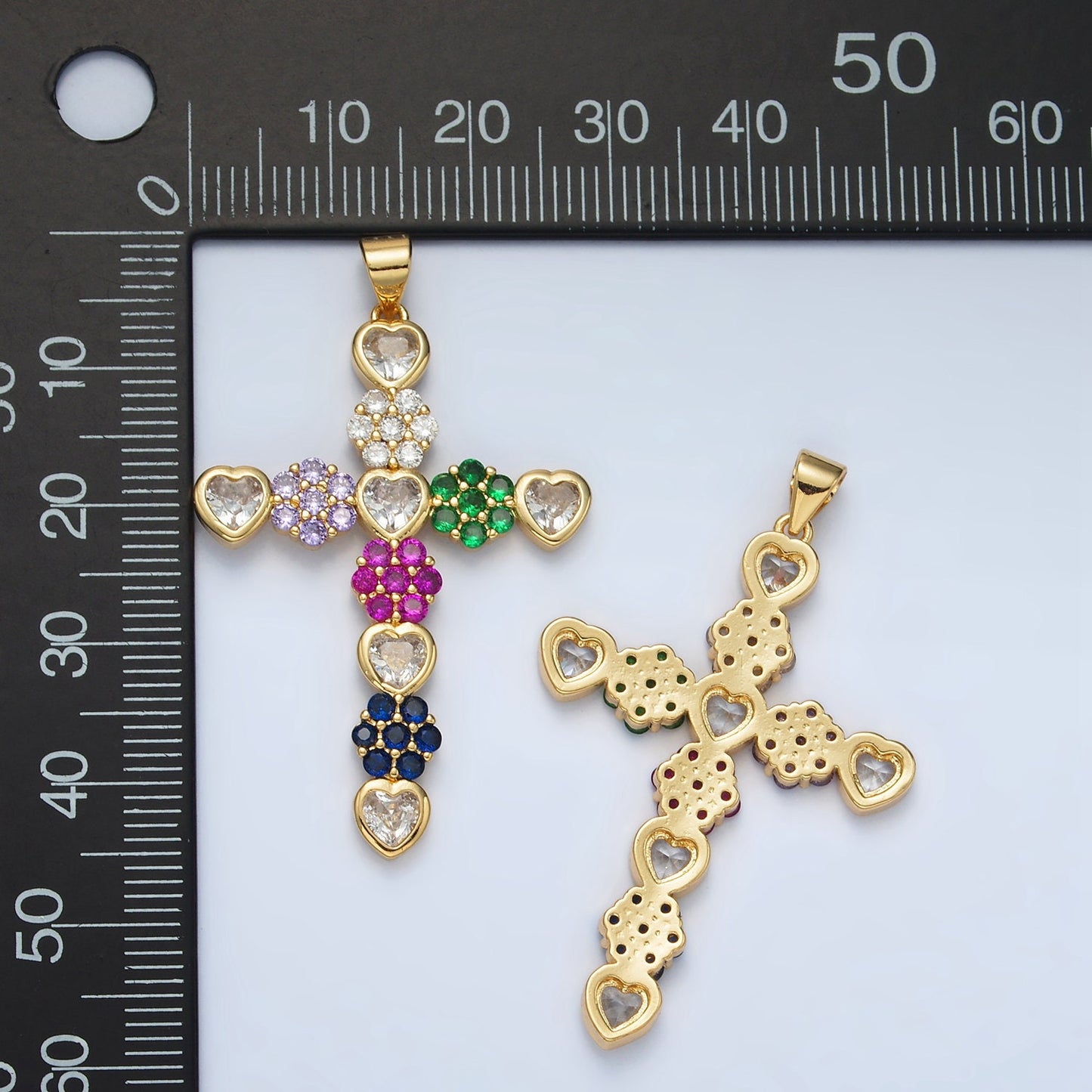 24K Gold Filled Colorful Micro Paved Circular CZ w/ Clear Heartl CZ Center Religious Cross Pendant | AH-188