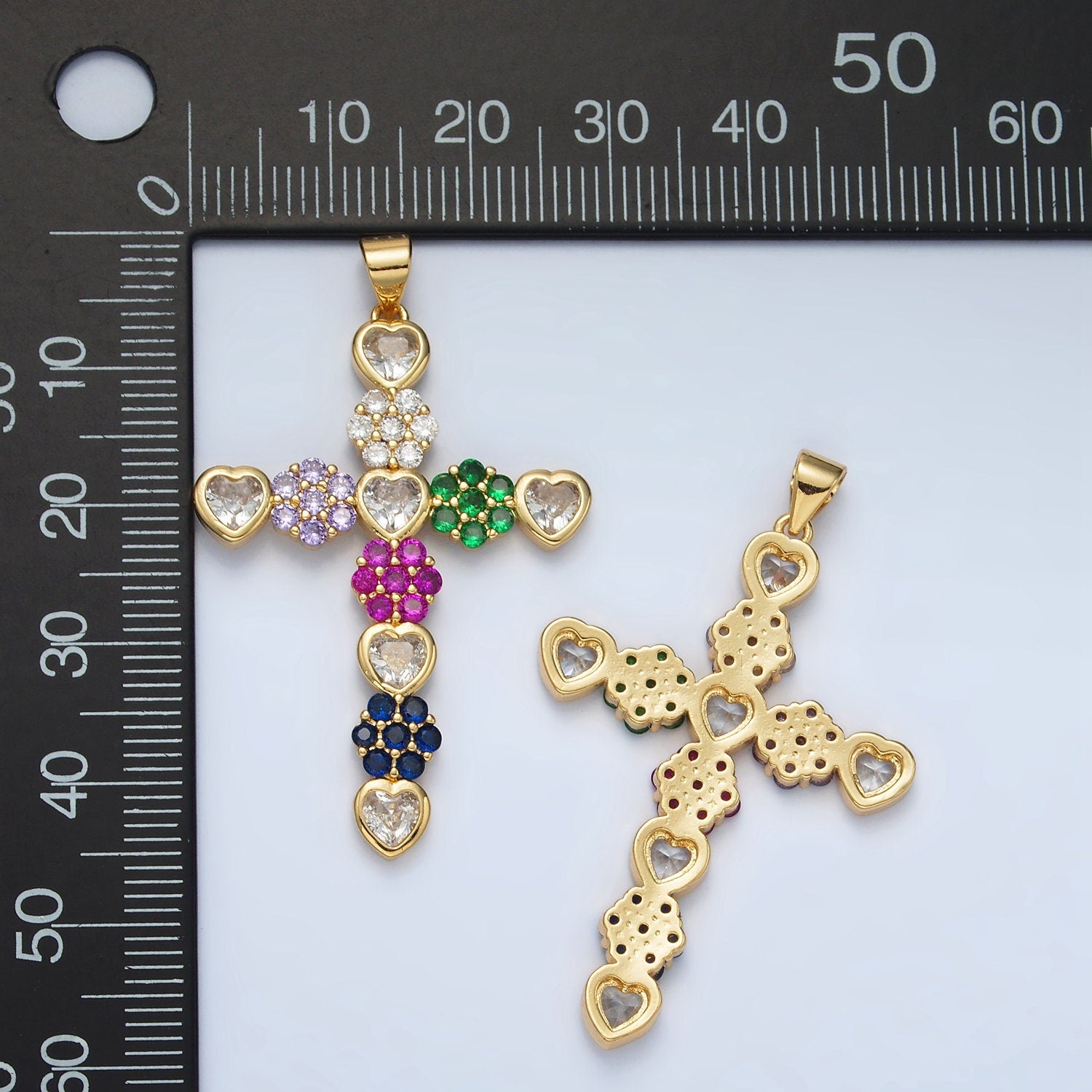 24K Gold Filled Colorful Micro Paved Circular CZ w/ Clear Heartl CZ Center Religious Cross Pendant | AH-188