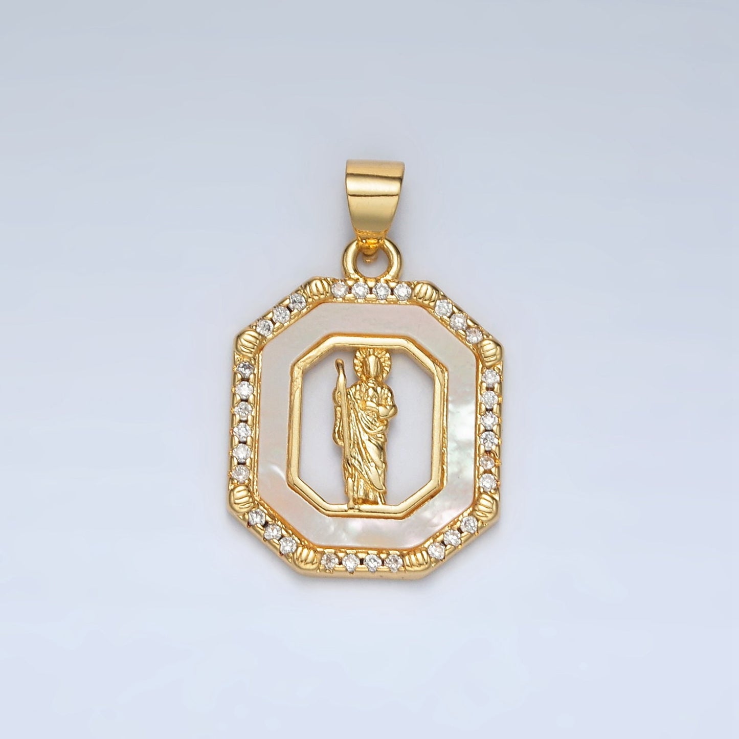 24K Gold Filled Saint Jude Open Hexagonal CZ Paved Pendant | AH-181