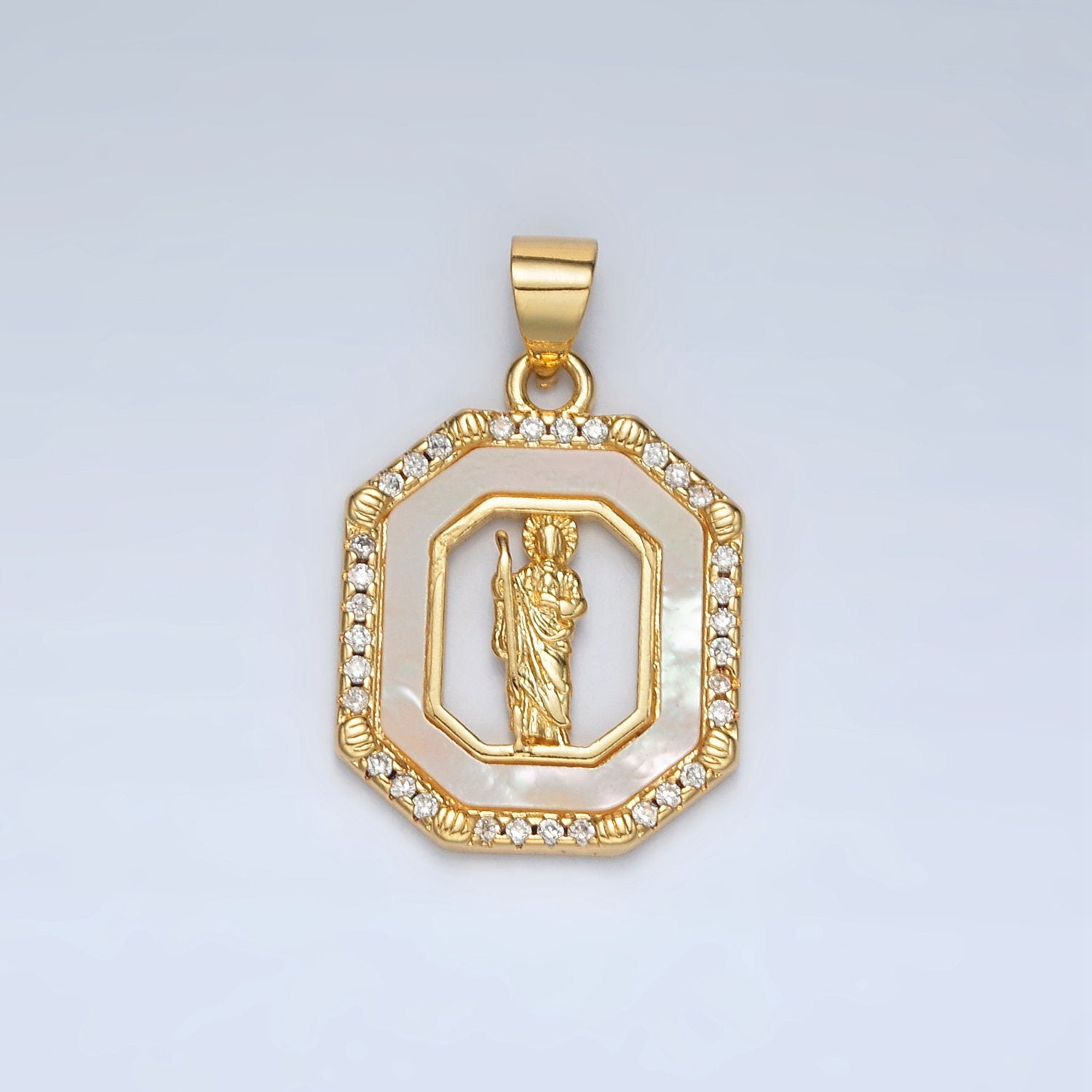 24K Gold Filled Saint Jude Open Hexagonal CZ Paved Pendant | AH-181