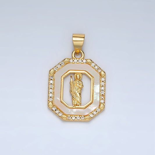 24K Gold Filled Saint Jude Open Hexagonal CZ Paved Pendant | AH-181