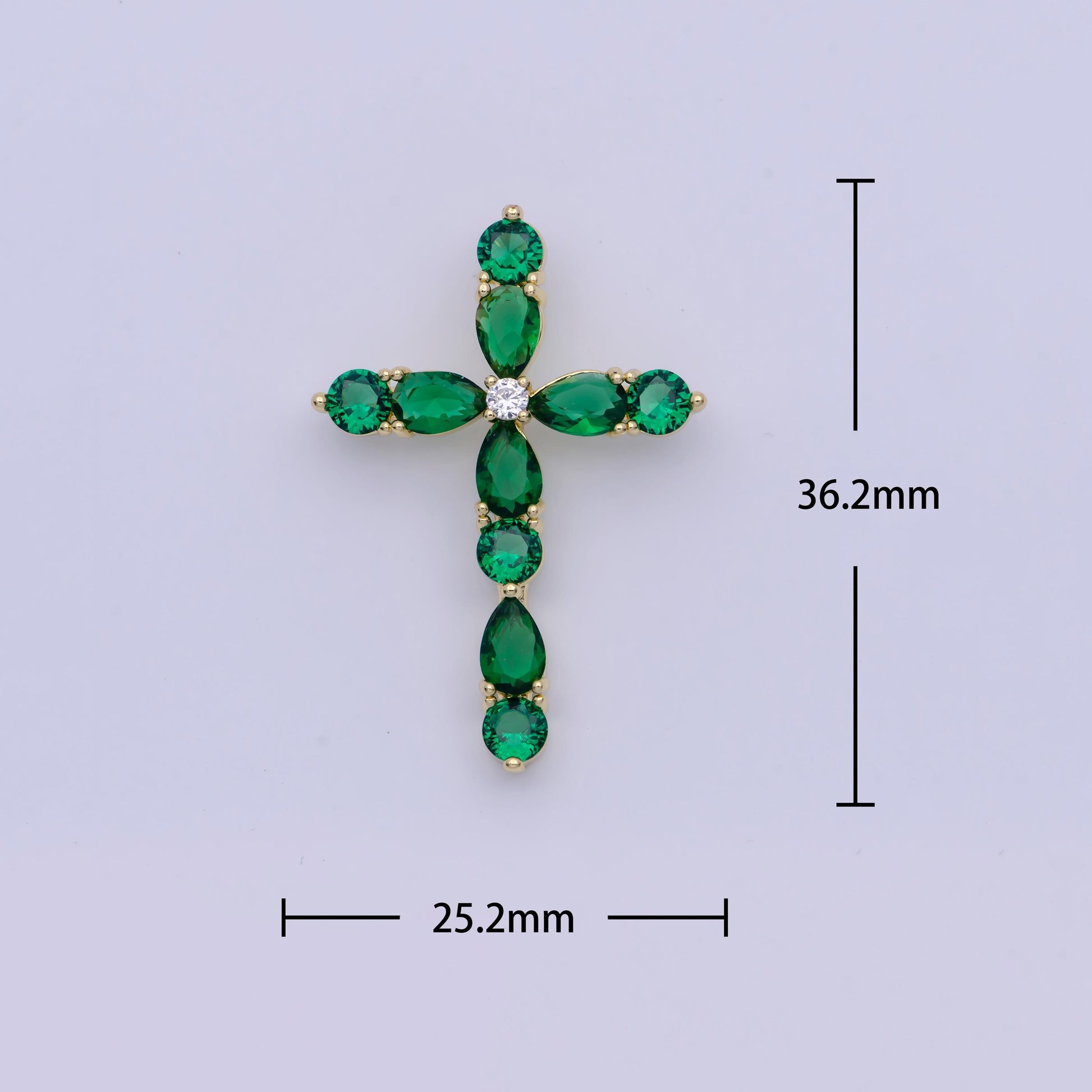 Sapphire Blue & Emerald Green CZ Cross Pendant, 24K Gold Plated Clear Micro Paved Diamond CZ Center Cut Cross Religious Charm | X-500, X-501