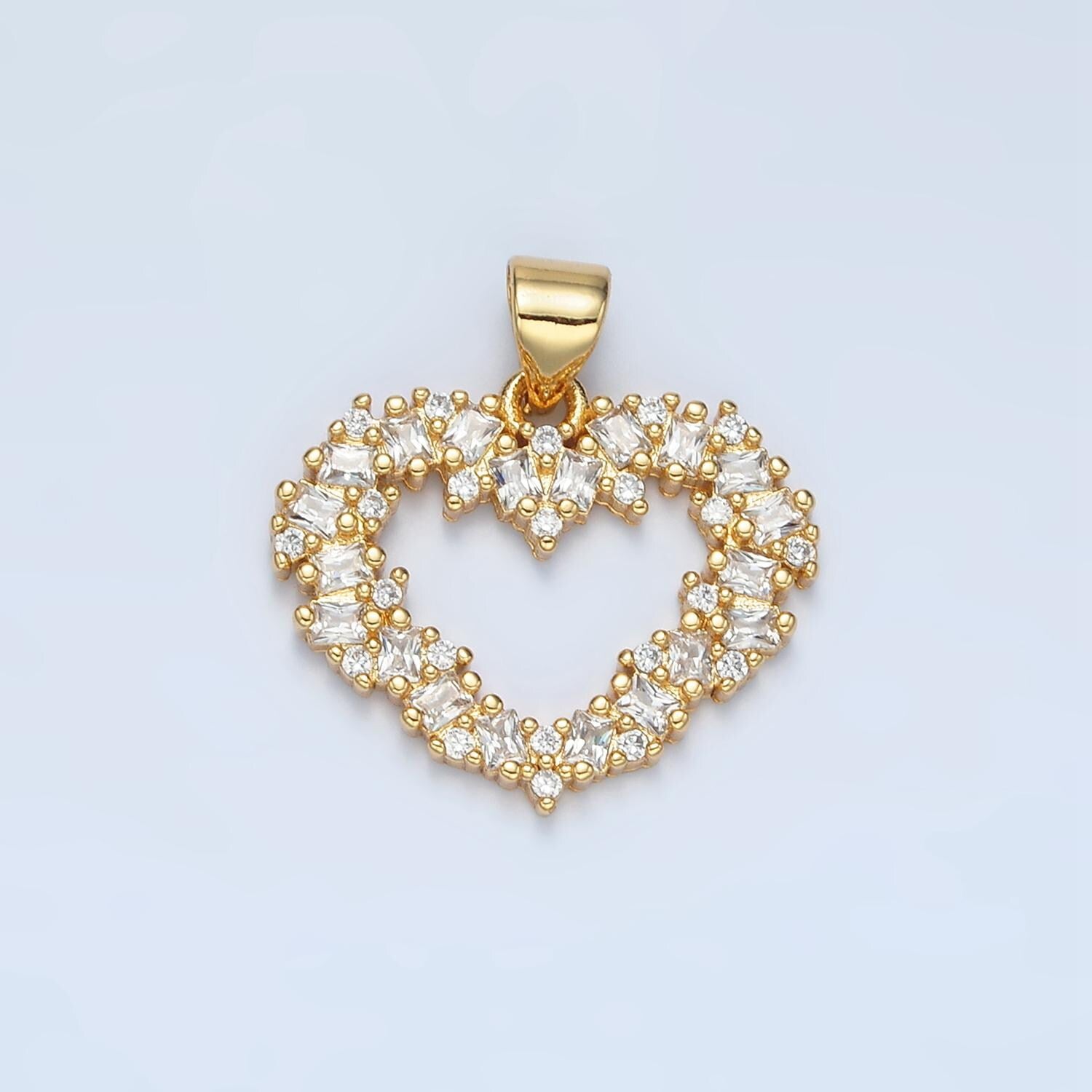 24K Gold Filled Gold Open Heart Pendant Micro Pave Clear Black Pink Baguette Love Valentine Heart Pendant For Jewelry Making AA856