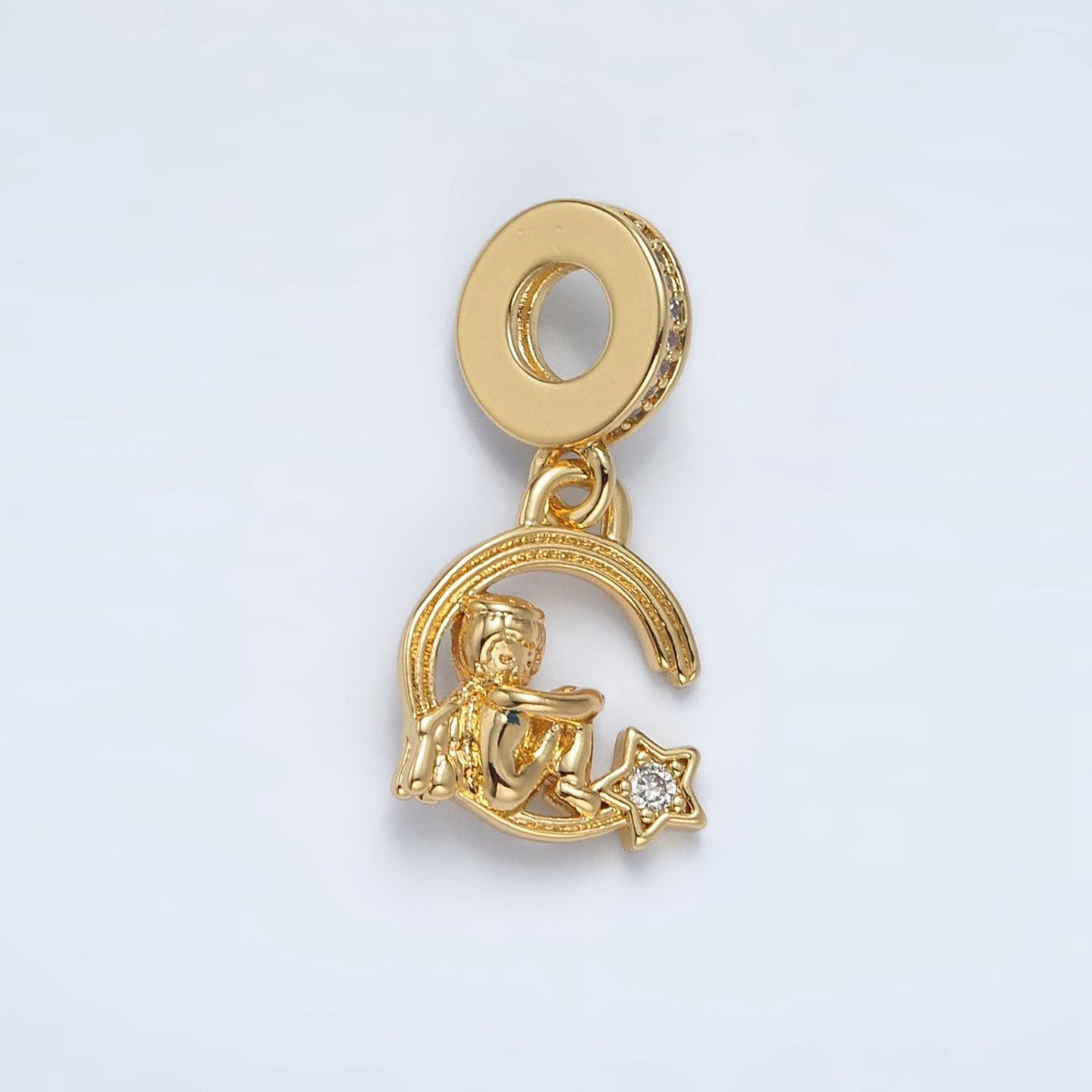 24k Gold Filled Sitting Angel on Crescent Moon Star, Rondelle Bail Drop Pendant | AC-097