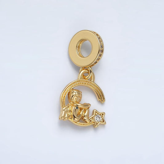 24k Gold Filled Sitting Angel on Crescent Moon Star, Rondelle Bail Drop Pendant | AC-097