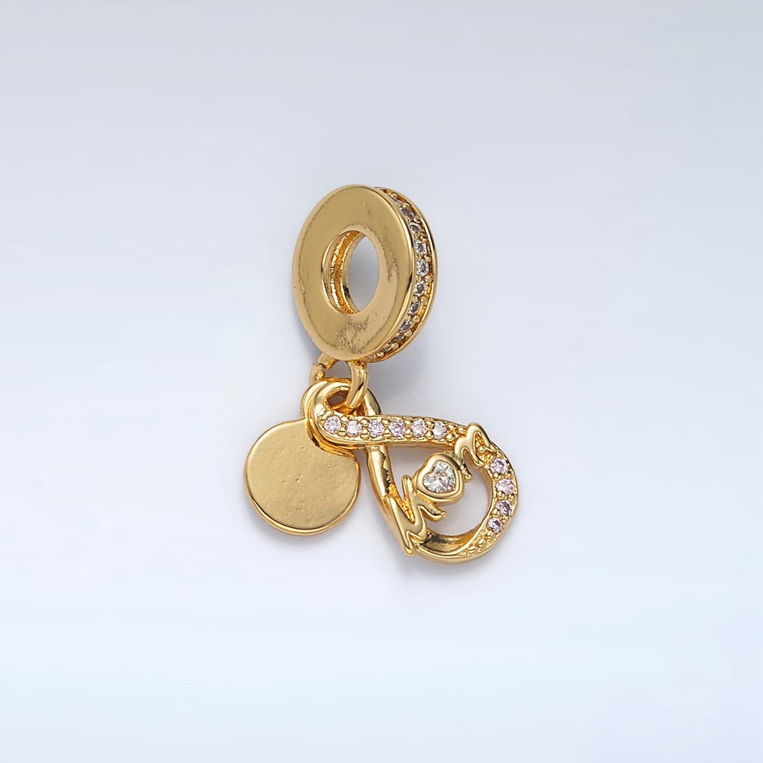 24k Gold Filled 'Mom' Infinity CZ Charm on CZ Paved Rondelle Bail Drop Pendant | AC-093
