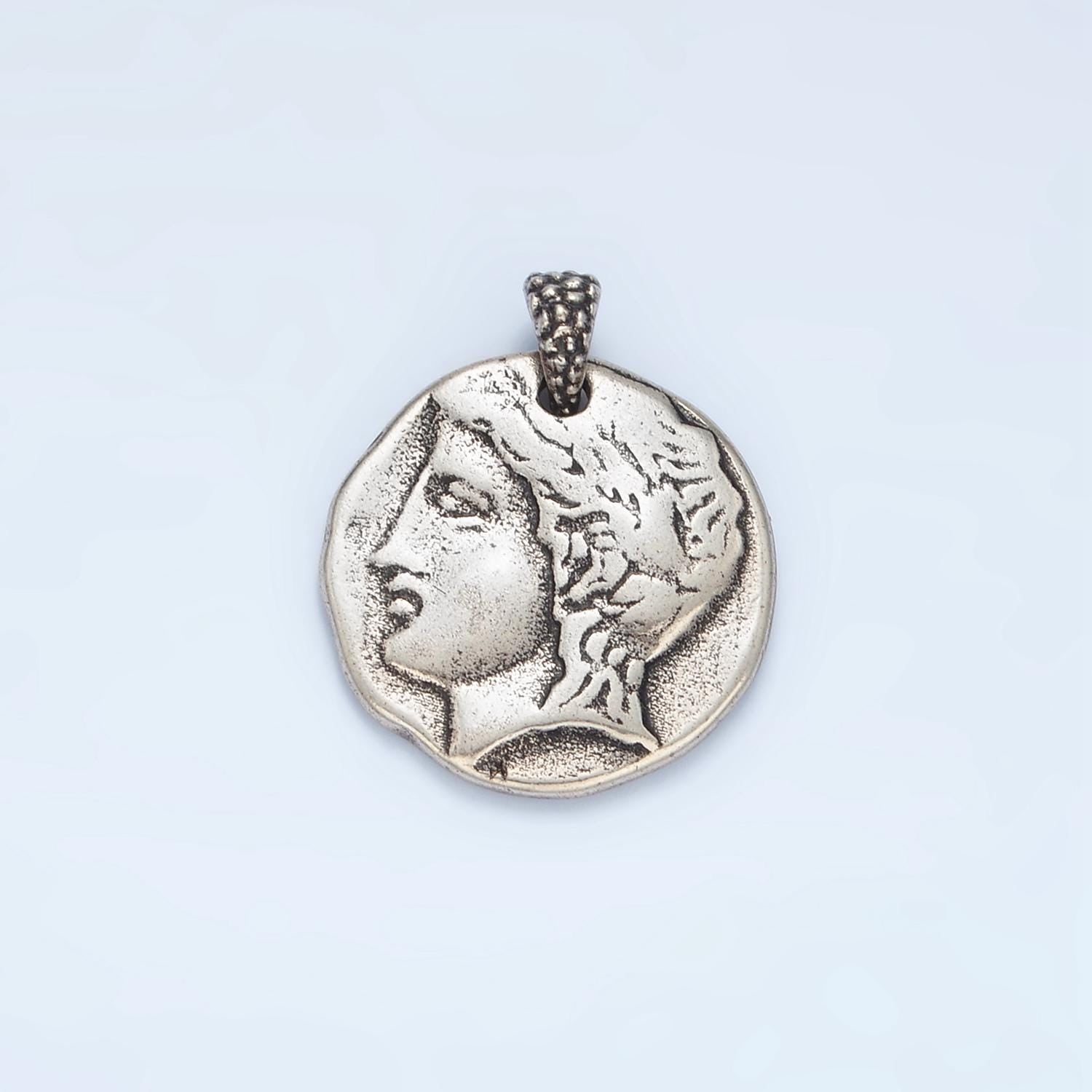 White Gold Male Greek Face / Musical Instrument, Double Sided Medallion | I-544