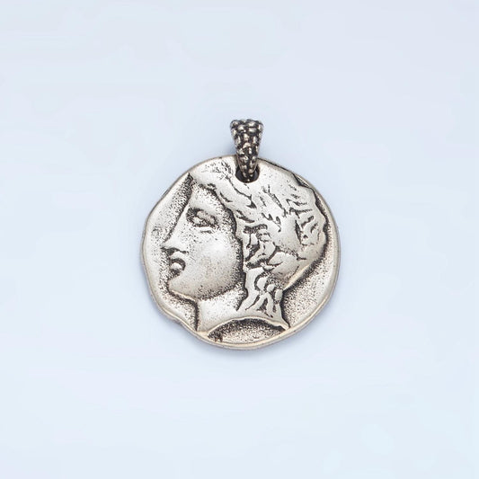 White Gold Male Greek Face / Musical Instrument, Double Sided Medallion | I-544