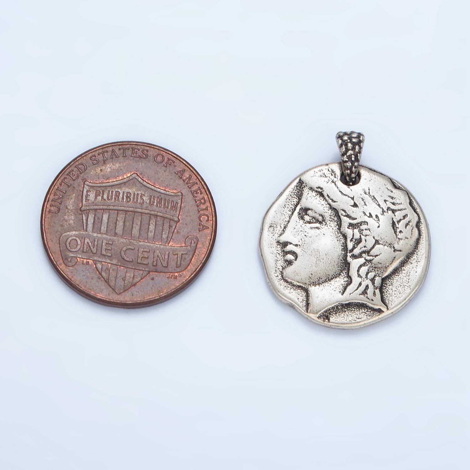White Gold Male Greek Face / Musical Instrument, Double Sided Medallion | I-544
