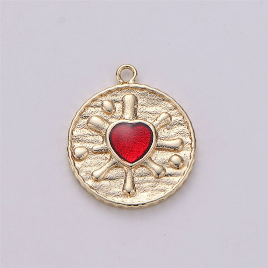 18k Gold Filled Red Heart Pendant Red Enamel Heart Charm Dainty Coin Charm for Necklace Bracelet Earring Charm Making supply E-487