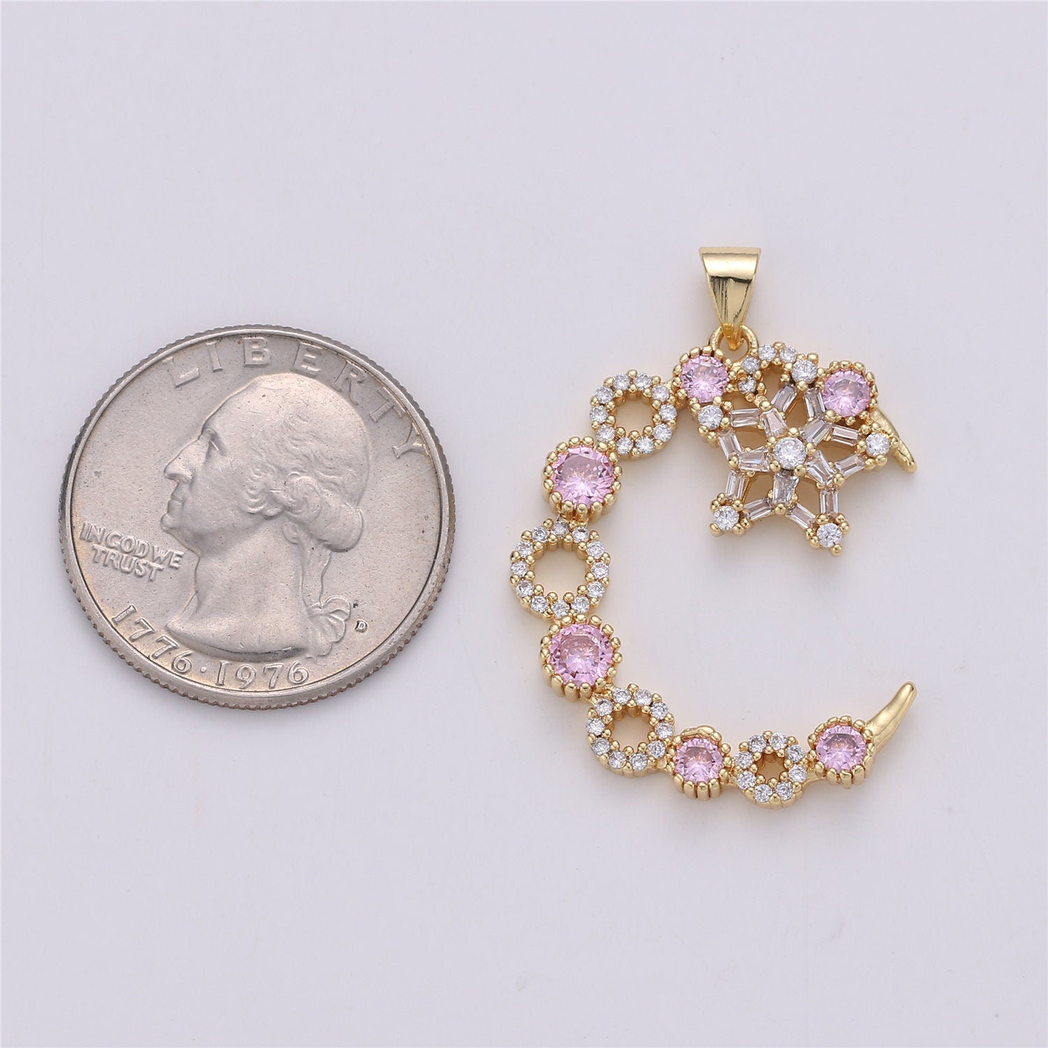 Cubic Pink Crescent moon Charm in 14k Gold Filled for Celestial Jewelry Pendant H175