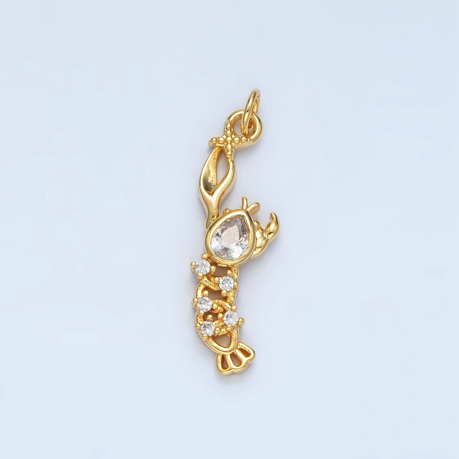 14K Gold Filled CZ Paved Lobster, Left Claw Hanging Sea-Animal Charm | Ag-945