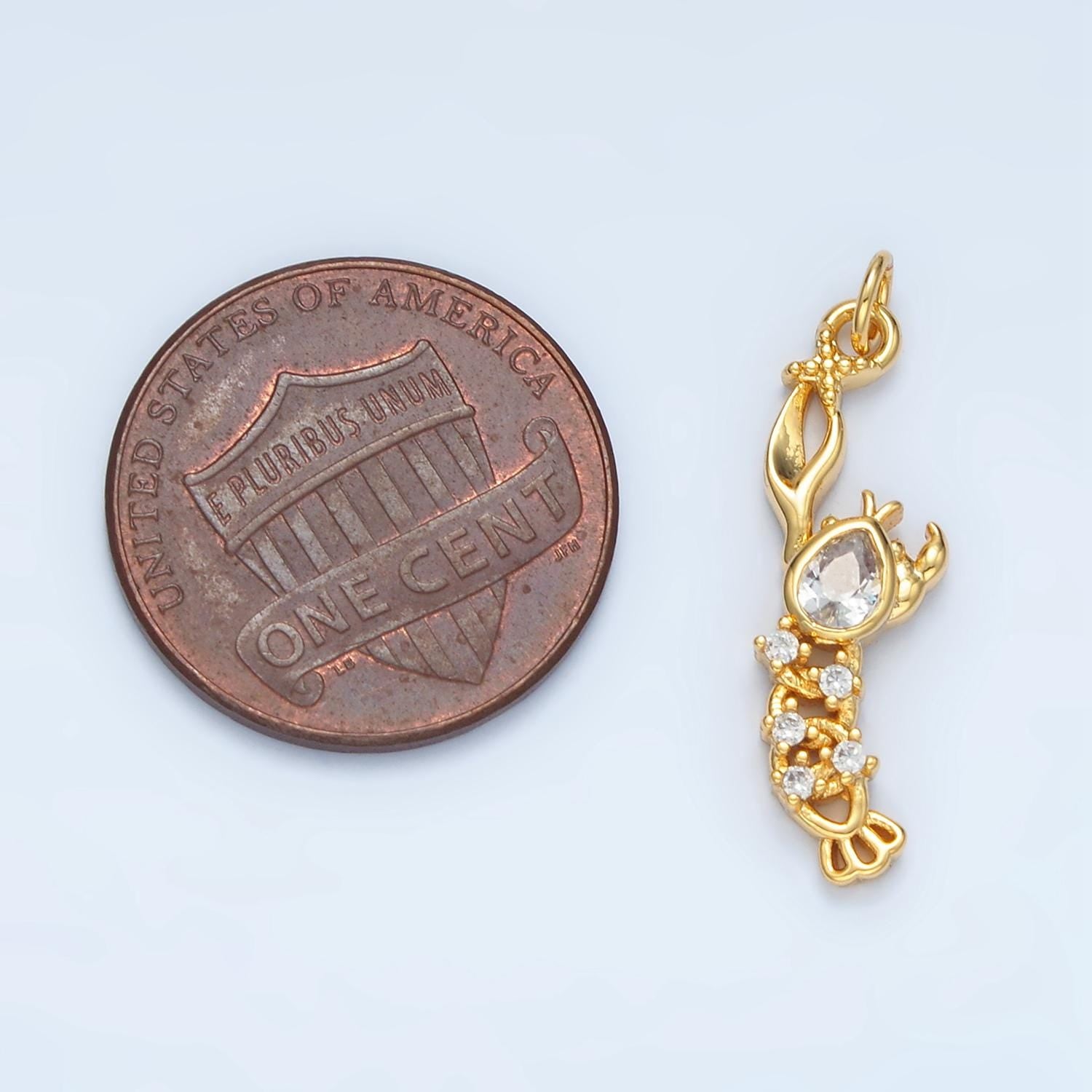 14K Gold Filled CZ Paved Lobster, Left Claw Hanging Sea-Animal Charm | Ag-945