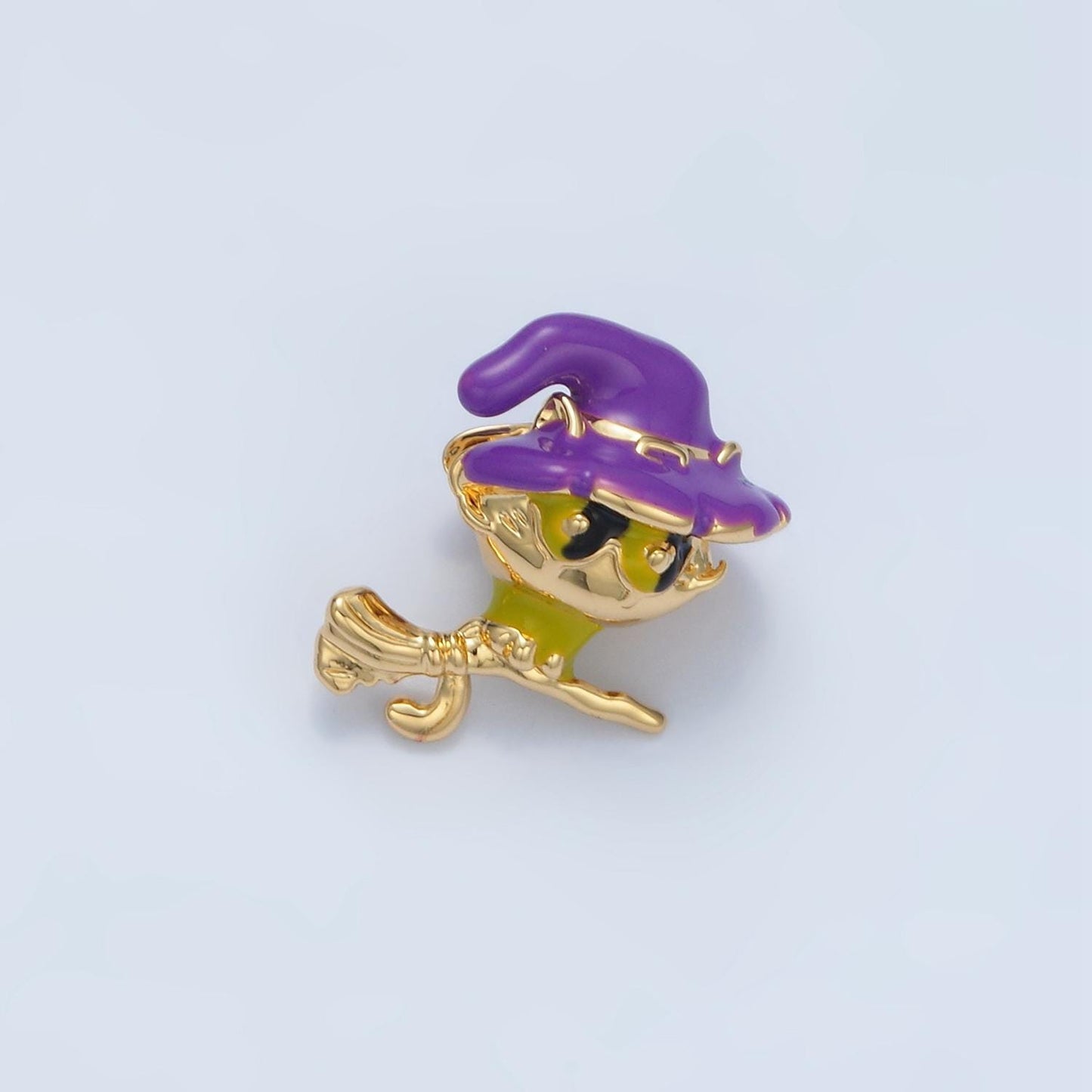 14K Gold Filled Witch Kitten on Broomstick Enamel Bead | B-615
