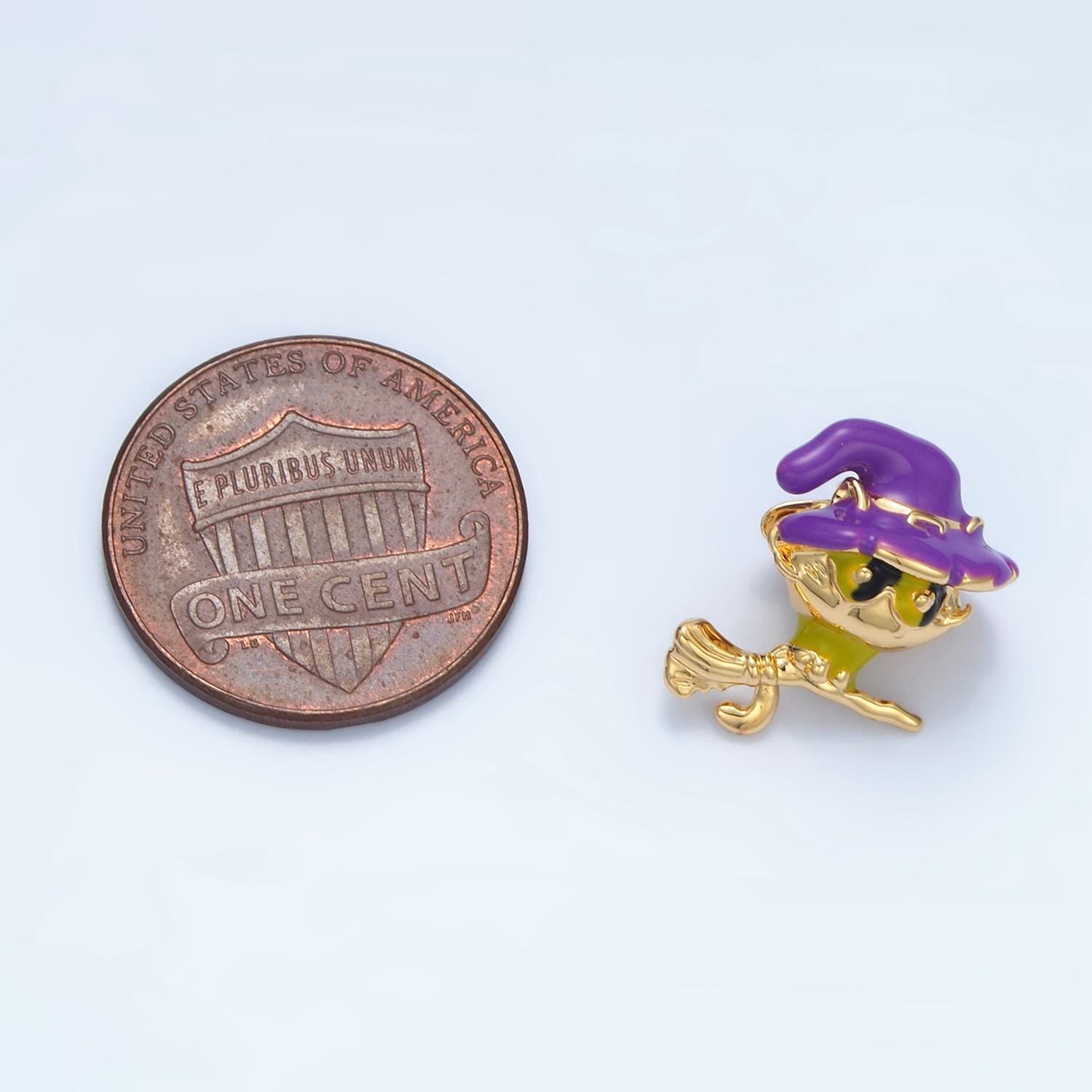 14K Gold Filled Witch Kitten on Broomstick Enamel Bead | B-615