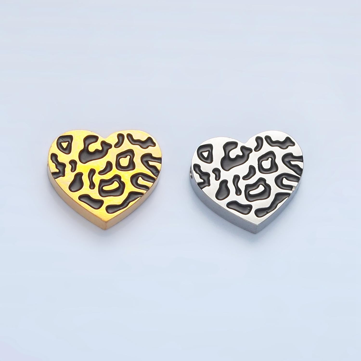 Gold Leopard Heart Bead Spacer Silver Stainless Steel Animal Jaguar print etched heart Bead for Bracelet Necklace Jewelry Making Supply B466