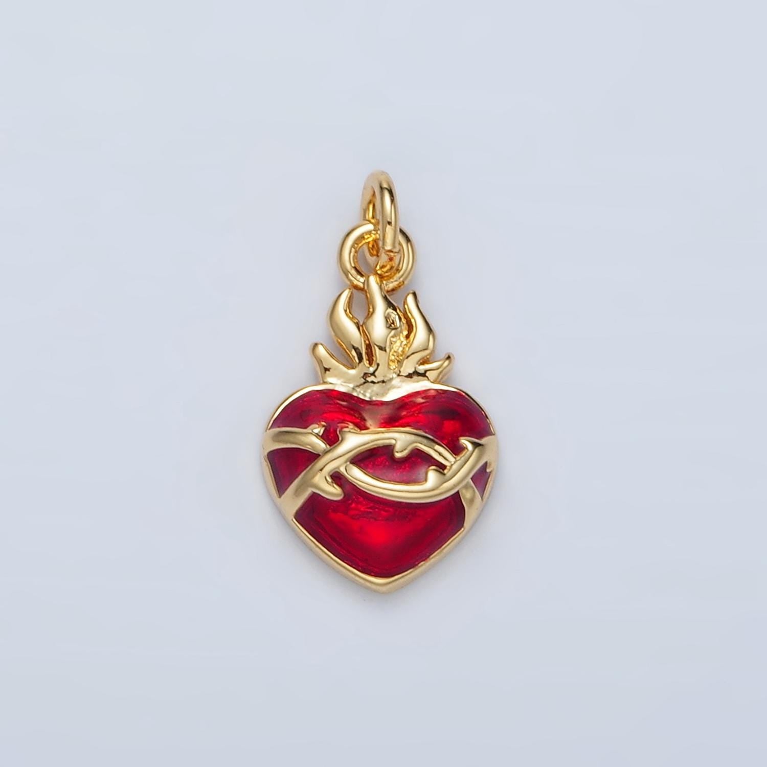 Mini Red sacred Heart Charms 24K Gold Filled flame heart Pendant Religious Charm Bracelet Necklace for DIY Jewelry Making Supply M654