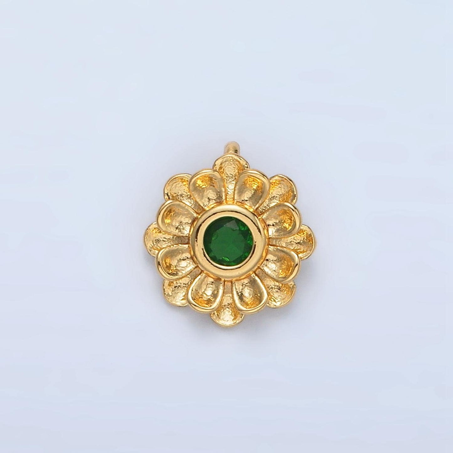 24K Gold Filled Green CZ Artisan Curved Flower Charm | E-064