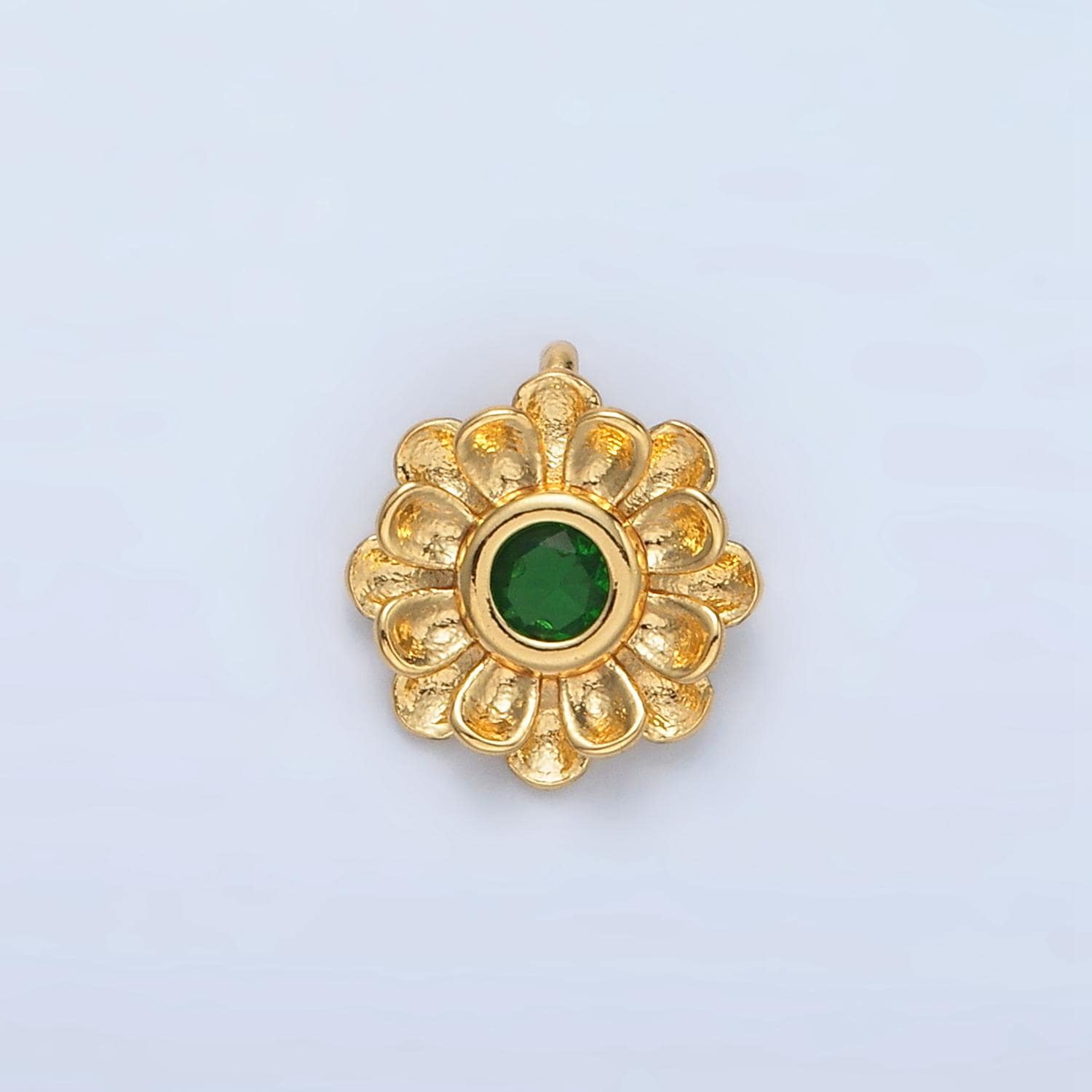 24K Gold Filled Green CZ Artisan Curved Flower Charm | E-064
