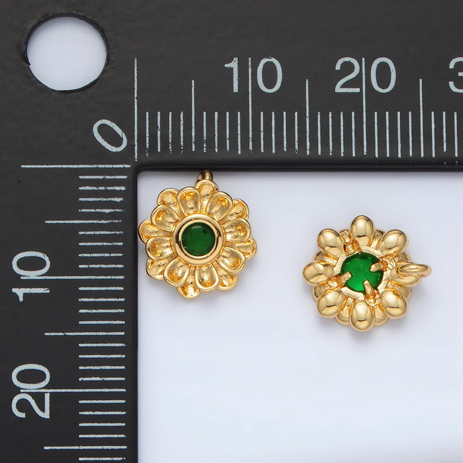 24K Gold Filled Green CZ Artisan Curved Flower Charm | E-064