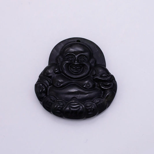 1pc Natural Black Onyx Carved Laughing Buddha Stone Pendant fit Buddhist jewelry making H357