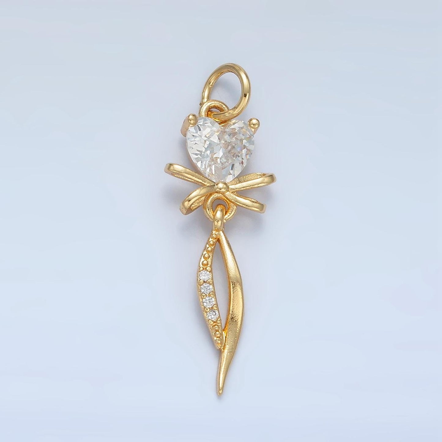Curved Ribbon Bow with Clear Heart CZ 24K Gold Filled Drop Charm | X-298