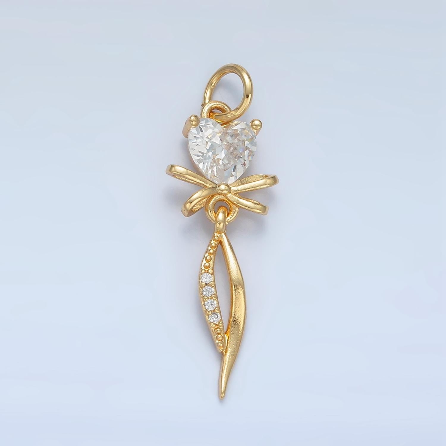 Curved Ribbon Bow with Clear Heart CZ 24K Gold Filled Drop Charm | X-298