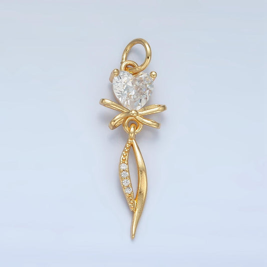 Curved Ribbon Bow with Clear Heart CZ 24K Gold Filled Drop Charm | X-298