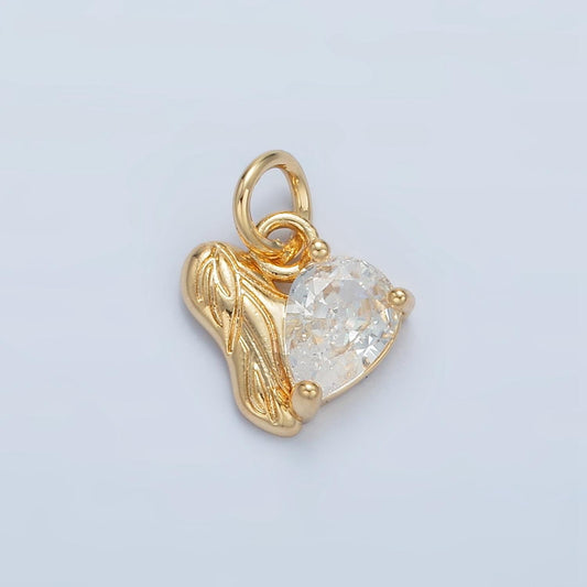 CZ Teardrop Engraved Half Heart Abstract Heart Gold Filled Charm |