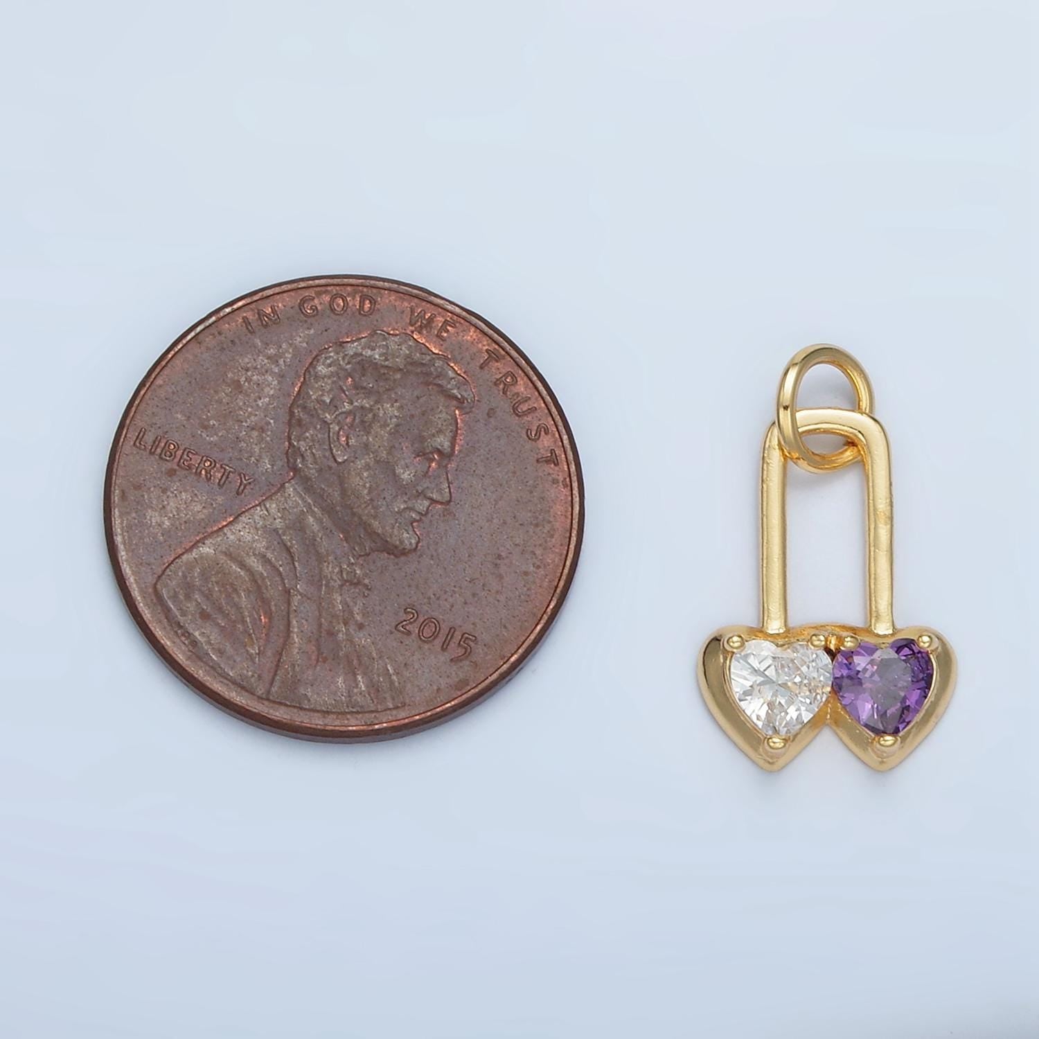 Double Color Heart Padlock Pink & Purple Gold Filled Pin Charm | W-183