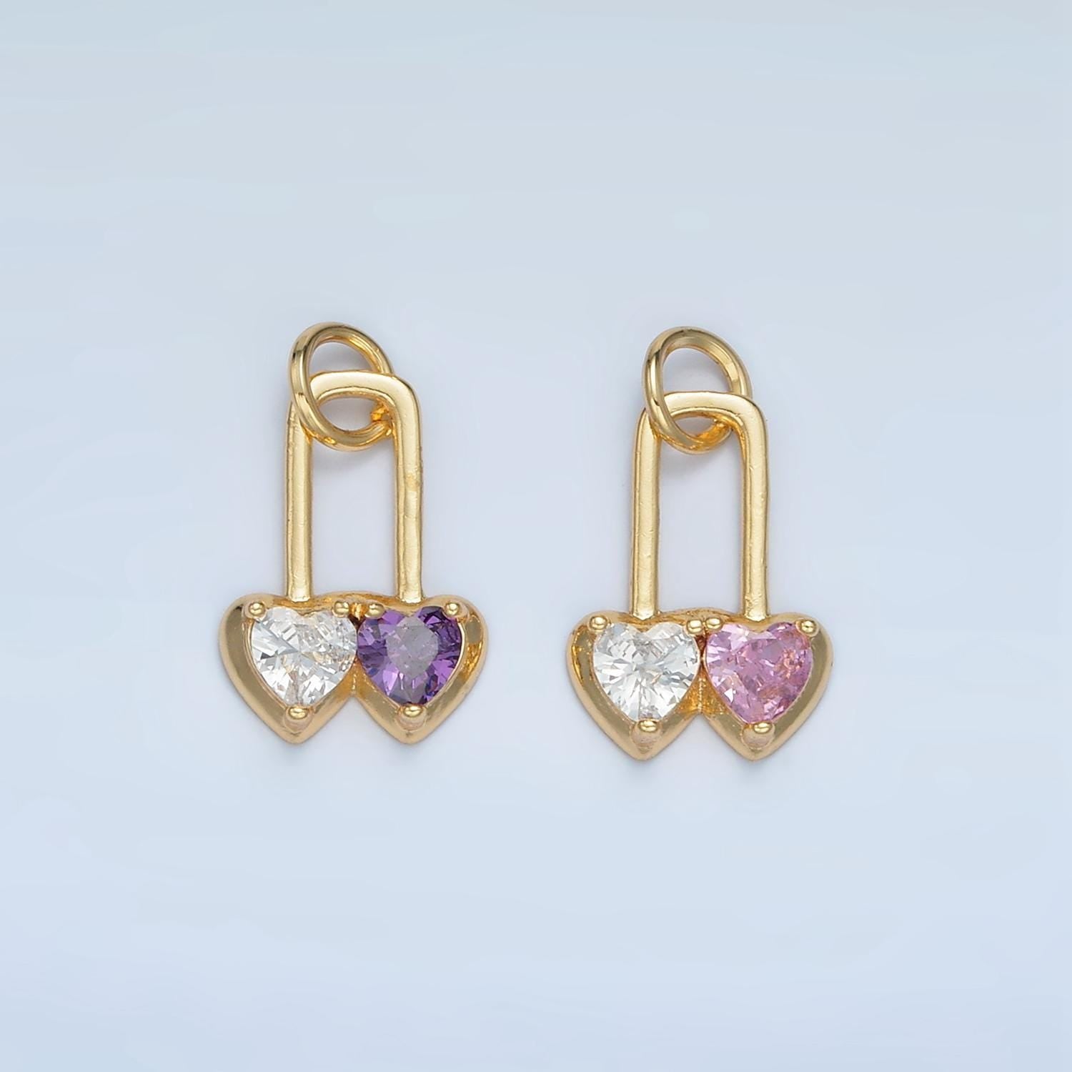 Double Color Heart Padlock Pink & Purple Gold Filled Pin Charm | W-183
