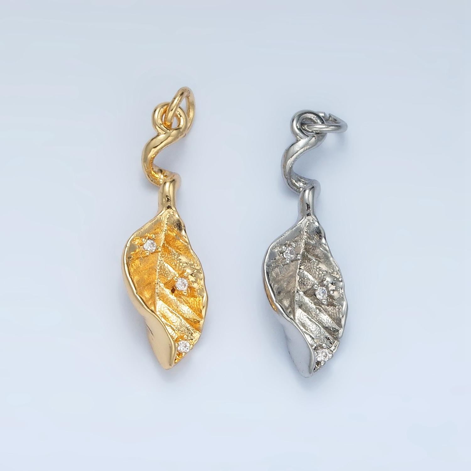 Oval Curved Leaf CZ Paved Nature 24K Gold Filled Charm Gold & Silver | E-382