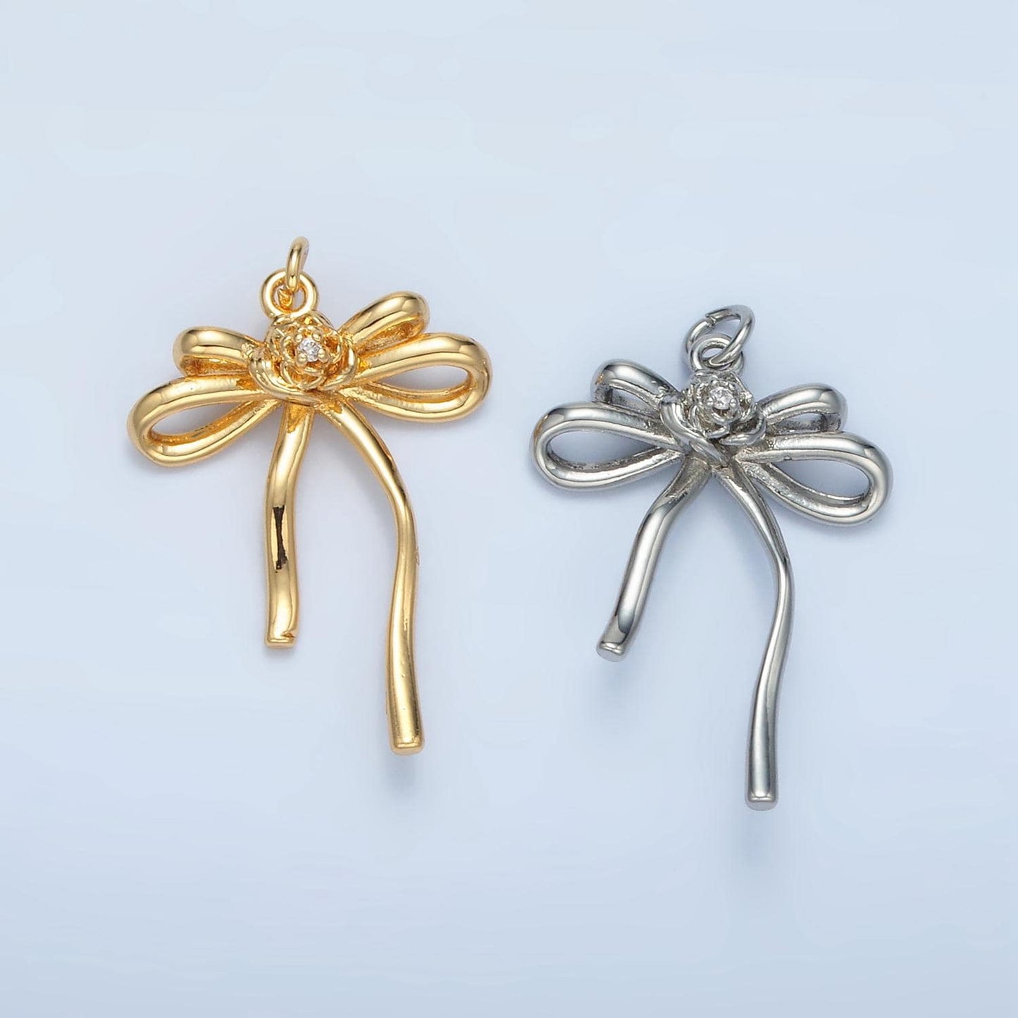 Double Loop Rose CZ Ribbon Bow Charm in Gold & Silver | E-373