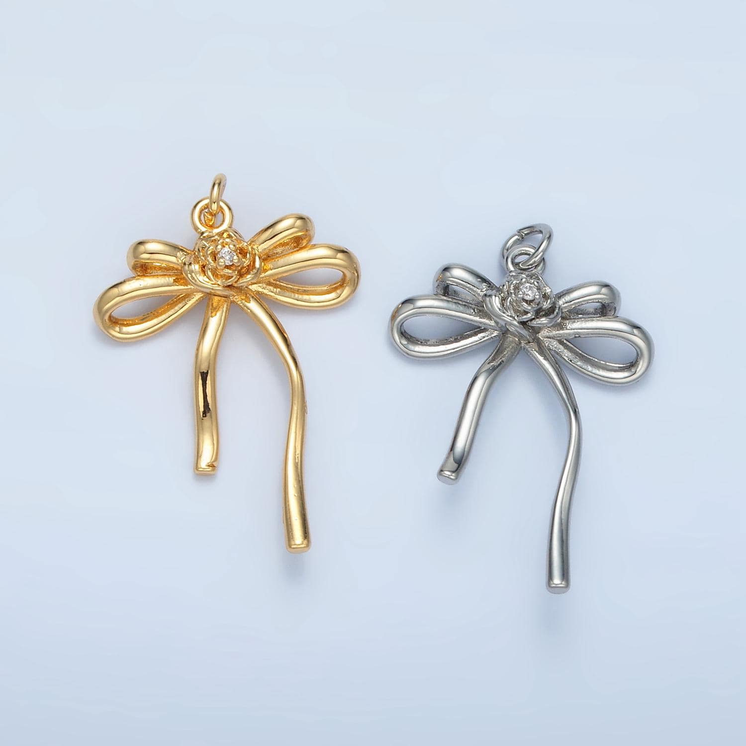 Double Loop Rose CZ Ribbon Bow Charm in Gold & Silver | E-373