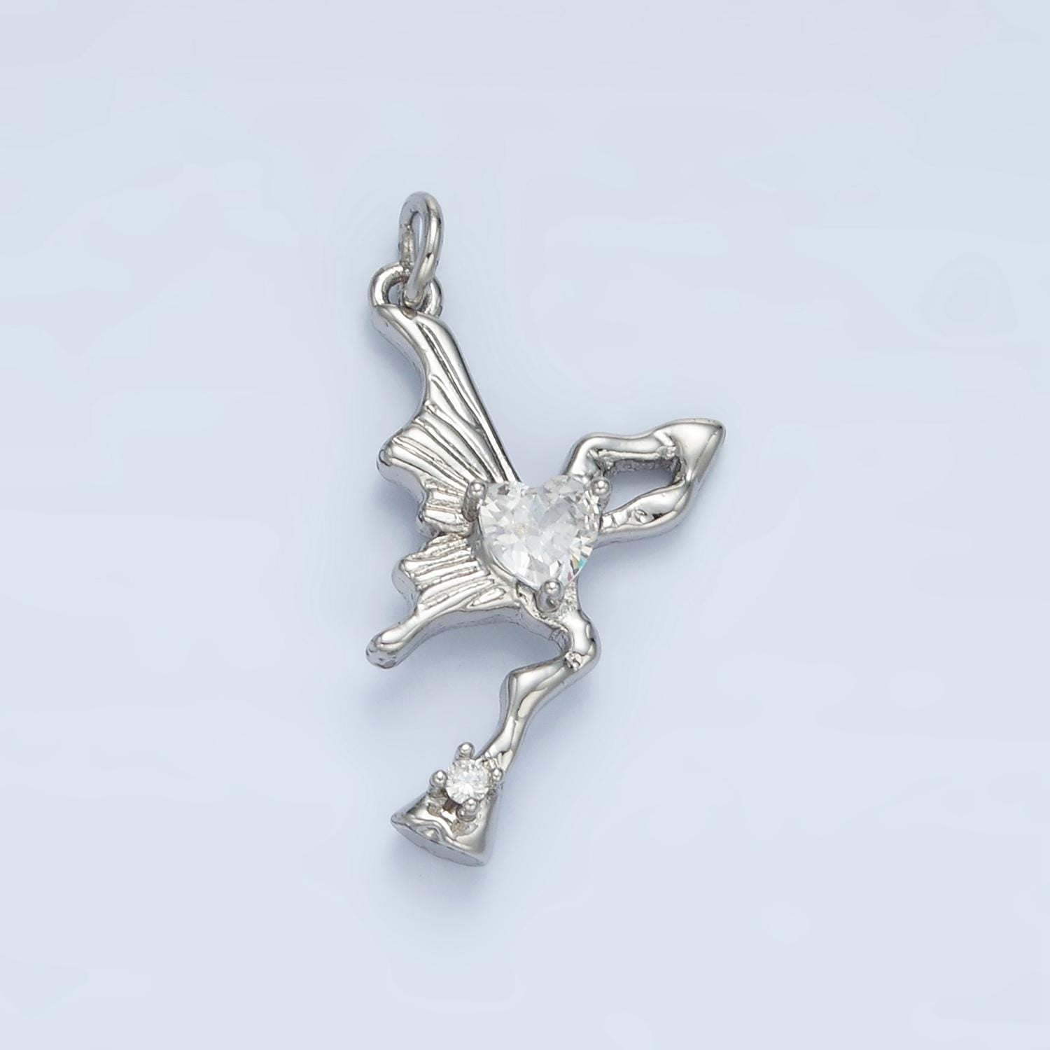 Molten Butterfly Wing Clear CZ Heart Insect Charm in Silver & Gold | E-385