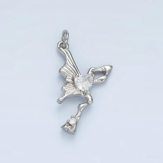 Molten Butterfly Wing Clear CZ Heart Insect Charm in Silver & Gold | E-385