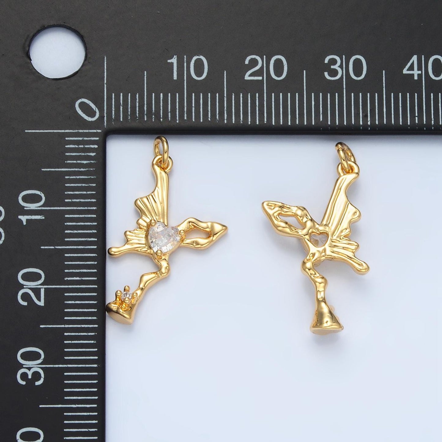 Molten Butterfly Wing Clear CZ Heart Insect Charm in Silver & Gold | E-385
