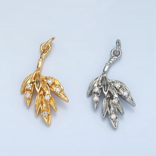 Olive Branch Leaf CZ Paved Nature 24K Gold Filled Charm Gold & Silver | E-381
