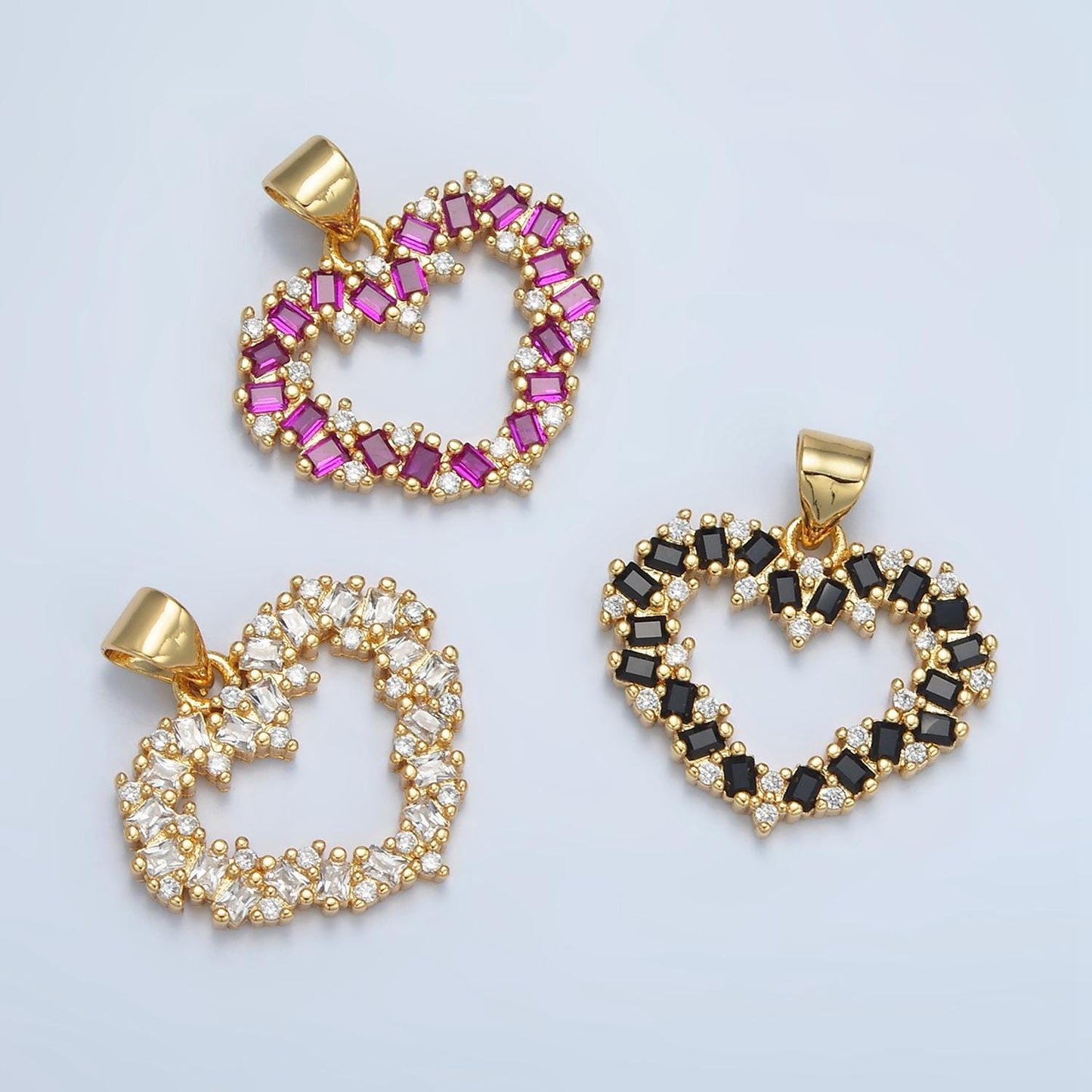 24K Gold Filled Gold Open Heart Pendant Micro Pave Clear Black Pink Baguette Love Valentine Heart Pendant For Jewelry Making AA856
