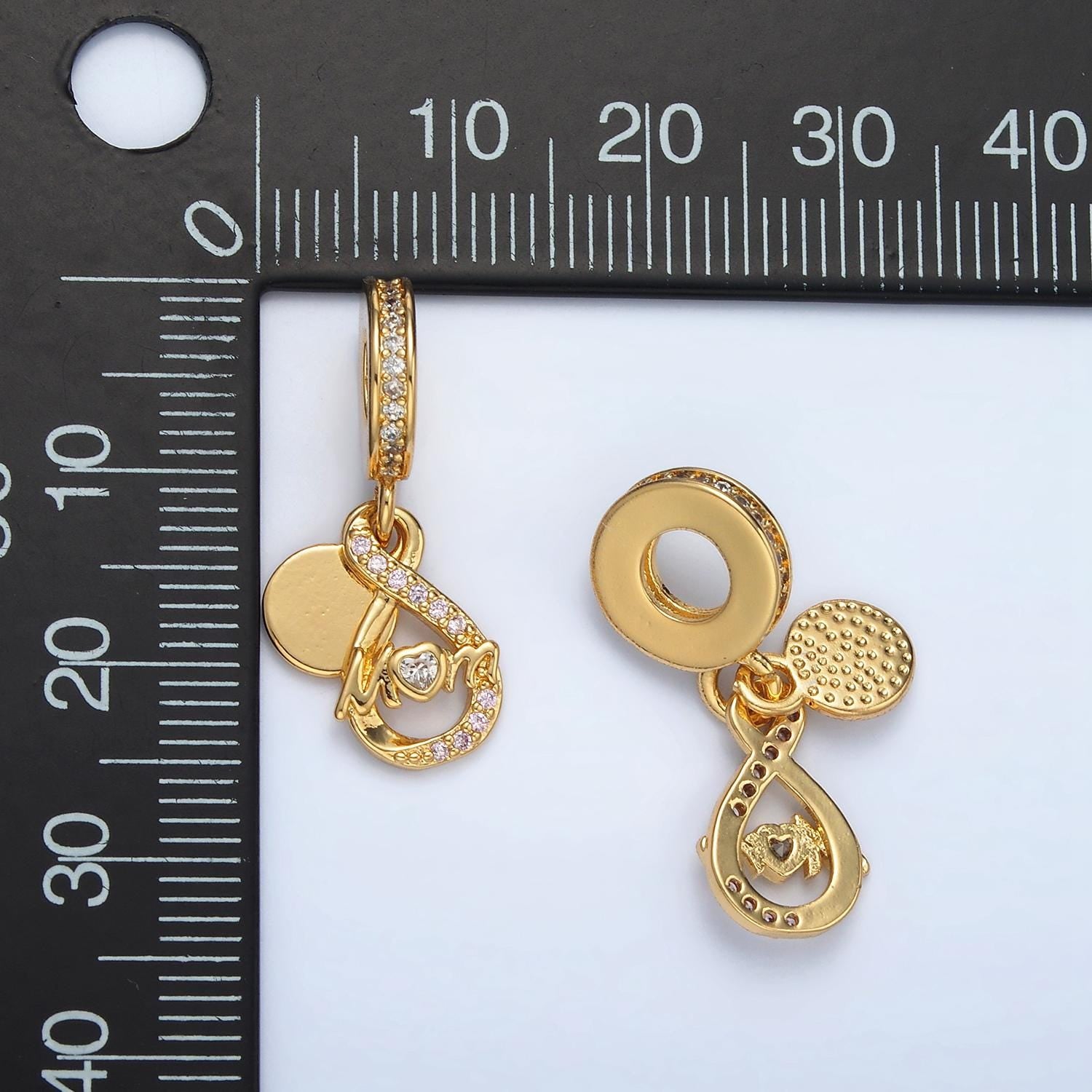 24k Gold Filled 'Mom' Infinity CZ Charm on CZ Paved Rondelle Bail Drop Pendant | AC-093
