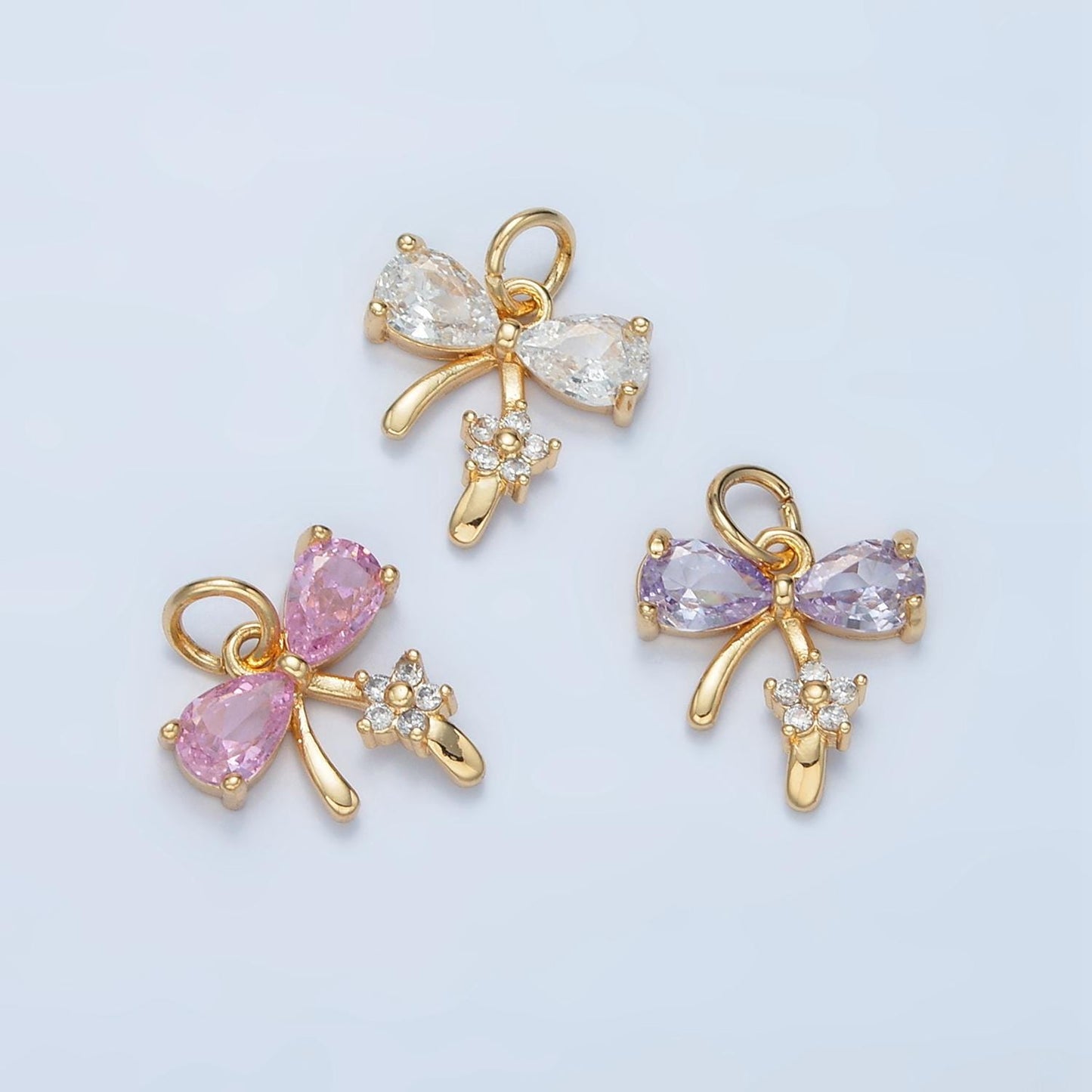 Mini Pink Purple Clear Gold Bow Charms 24K Gold Filled Bow Pendant CZ Bow Tie Charm Bracelet Necklace for DIY Jewelry Making Supply AG891