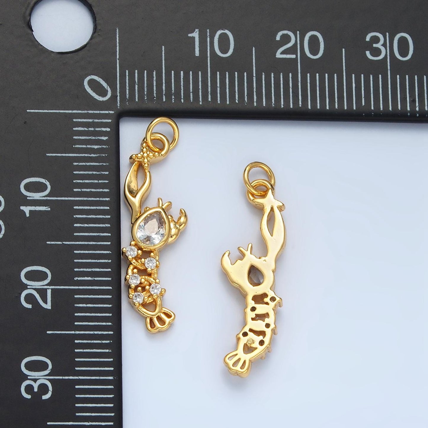 14K Gold Filled CZ Paved Lobster, Left Claw Hanging Sea-Animal Charm | Ag-945