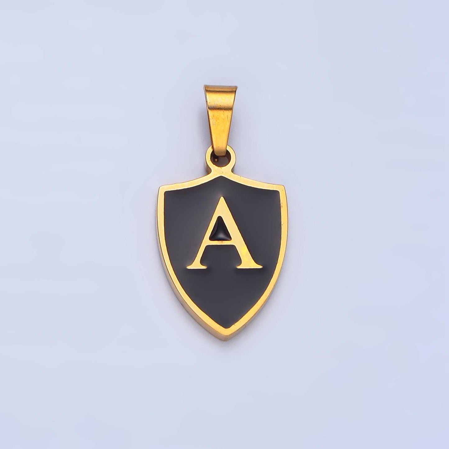 Dainty Gold Black Shield Pendant Initial Letter Shield Monogram Alphabet Medallion Charm for Personalized Jewelry in Stainless Steel A1617