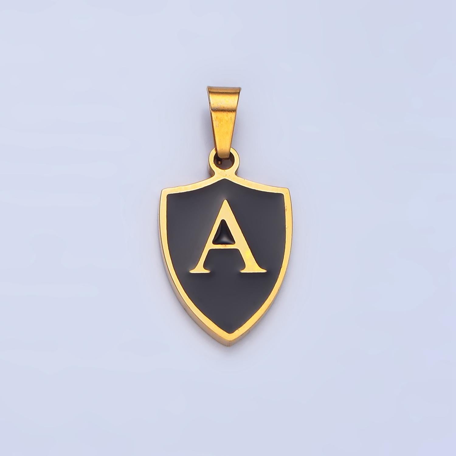 Dainty Gold Black Shield Pendant Initial Letter Shield Monogram Alphabet Medallion Charm for Personalized Jewelry in Stainless Steel A1617