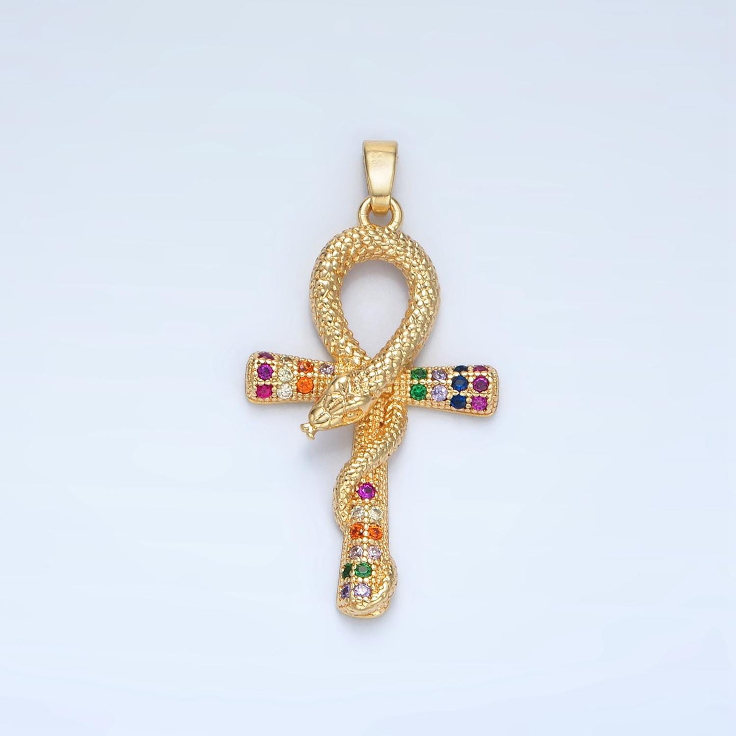 Large Ankh Gold CZ Micro Pave Cross Pendant, Snake Serpent Cubic Zirconia Charm Micro Pave Jewelry Findings J-765