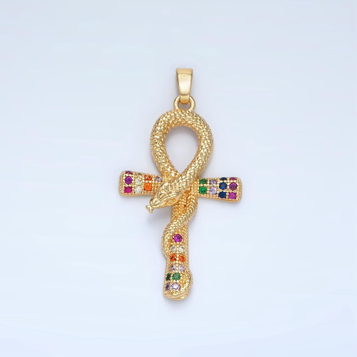 Large Ankh Gold CZ Micro Pave Cross Pendant, Snake Serpent Cubic Zirconia Charm Micro Pave Jewelry Findings J-765