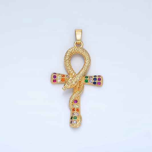 Large Ankh Gold CZ Micro Pave Cross Pendant, Snake Serpent Cubic Zirconia Charm Micro Pave Jewelry Findings J-765