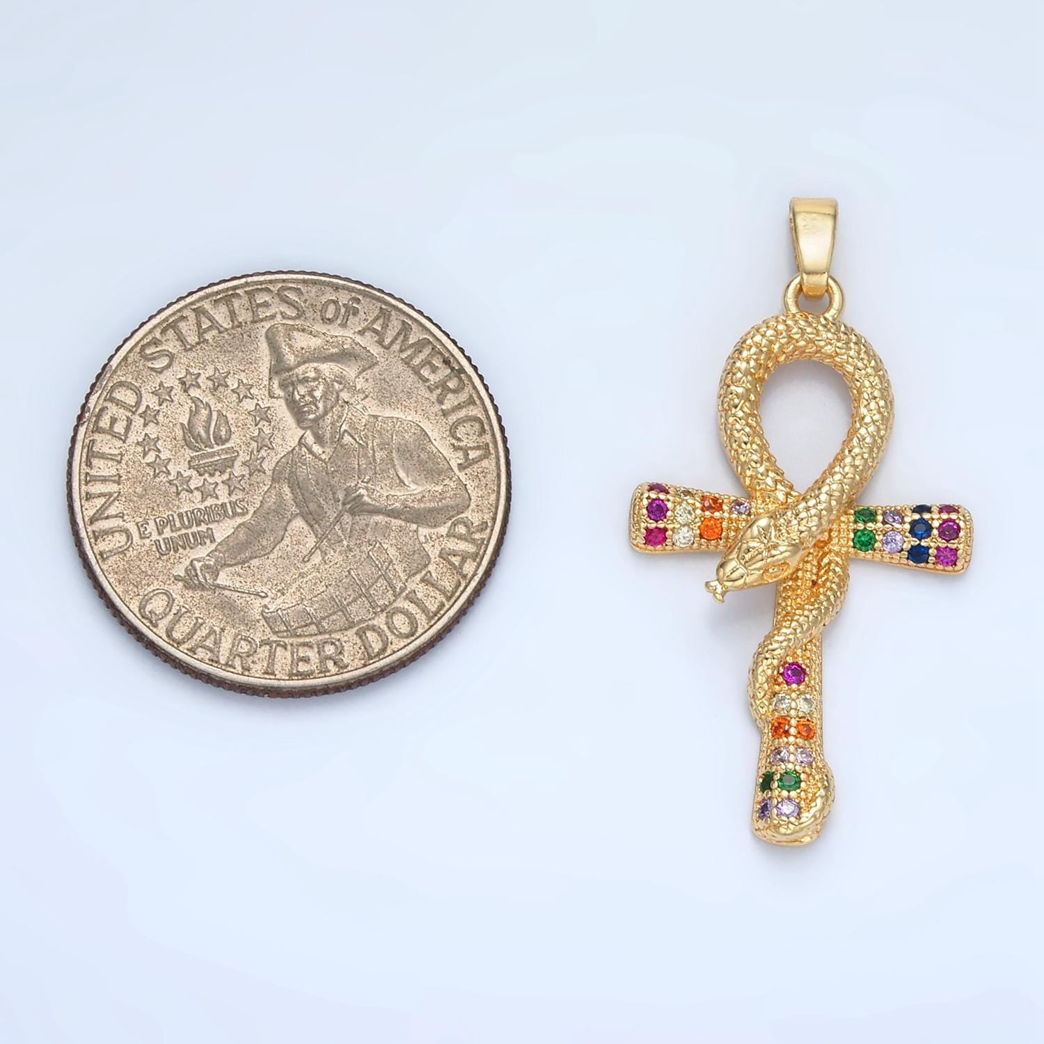 Large Ankh Gold CZ Micro Pave Cross Pendant, Snake Serpent Cubic Zirconia Charm Micro Pave Jewelry Findings J-765