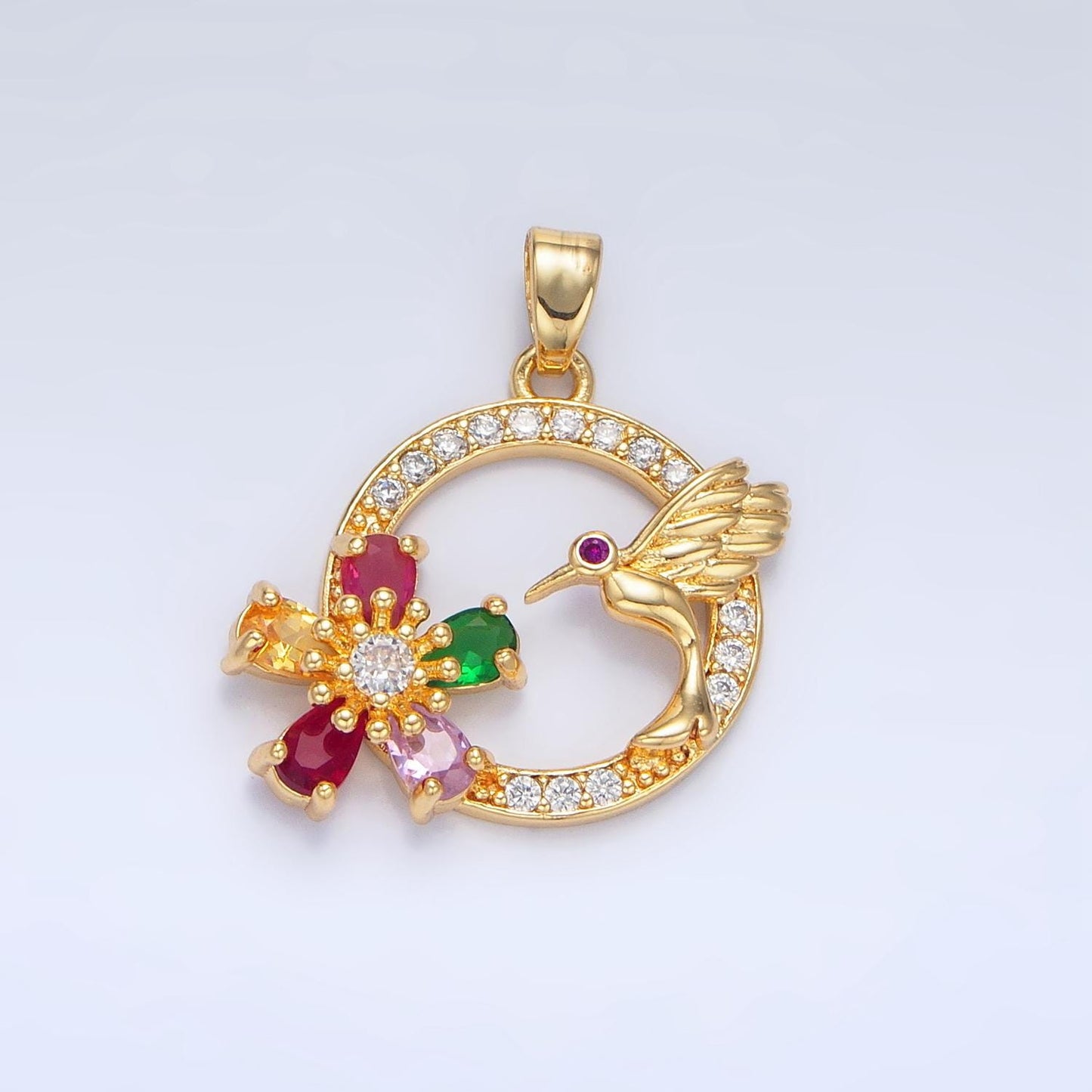Cubic Gold Humming Bird Round Pendant Medallion Charms With CZ Flower Stones For Jewelry Making Supplies H848