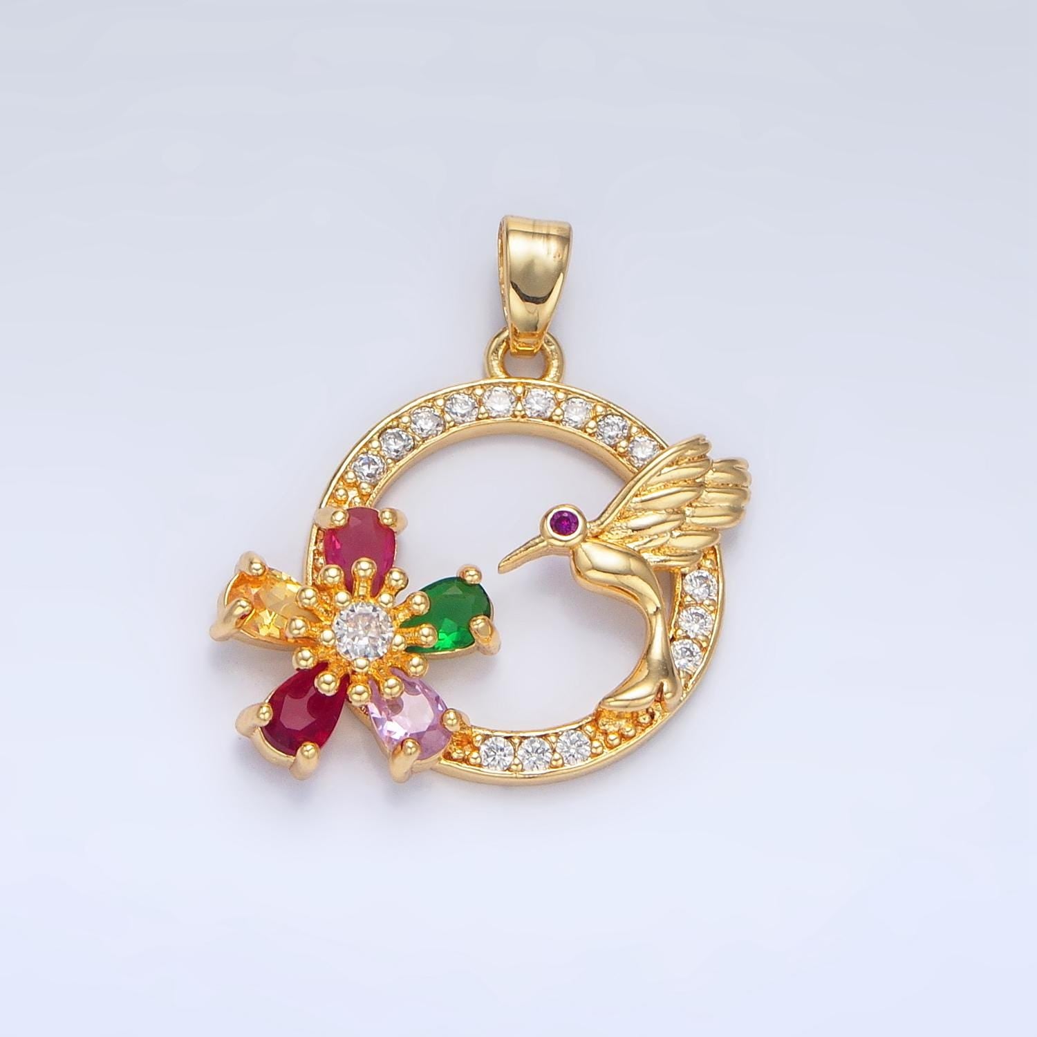 Cubic Gold Humming Bird Round Pendant Medallion Charms With CZ Flower Stones For Jewelry Making Supplies H848